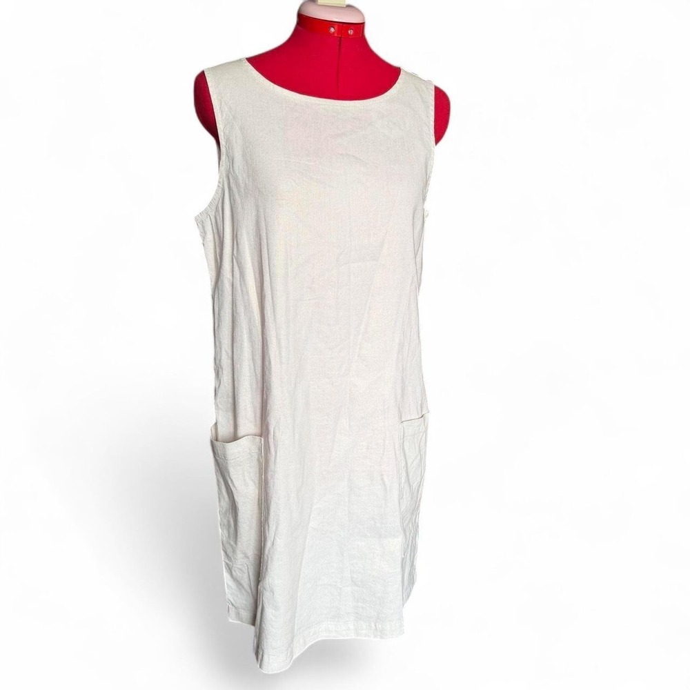 Halston cream & gold metallic linen sleeveless dress‎ pockets size m lagenlook